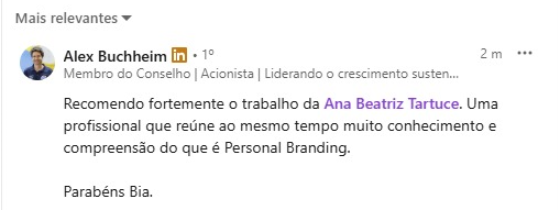 Recomendação profissional de Alex Buchheim para Bia Tartuce no LinkedIn